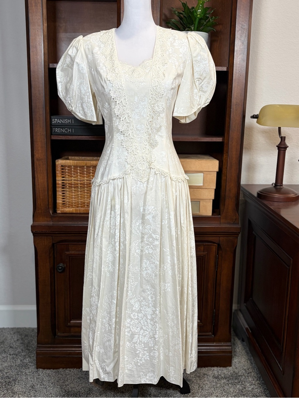 Vintage Scott McClintock Ivory Floral Lace Puff Sleeve Drop Waist Dress S Praire - Picture 2 of 16
